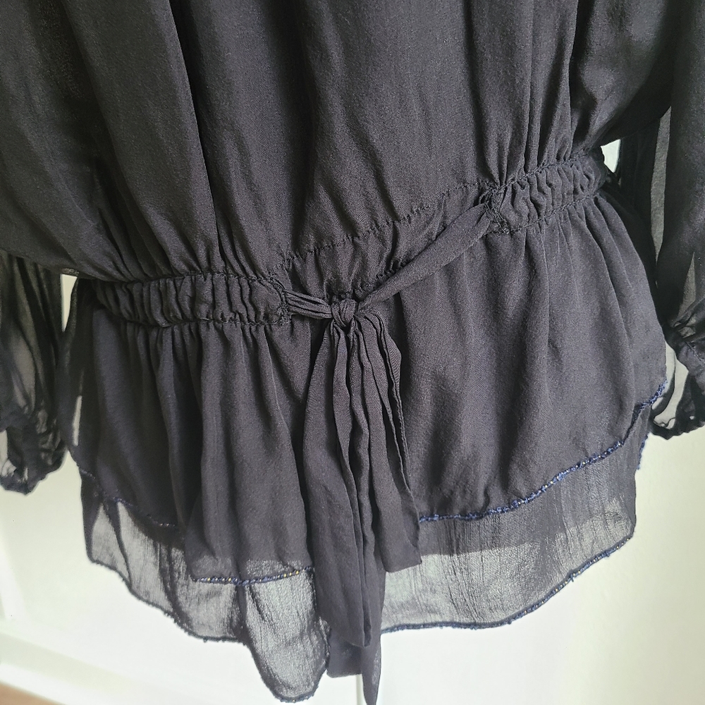 SAIVANA Sheer Black Blouse w/ Tie & Embellishment - Picture 3 of 10